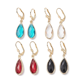 Glass Leverback Earring, with Brass Finding, Teardrop, Mixed Color, 42x11mm