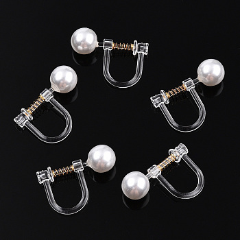 Resin Clip-on Earring Converter with ABS Plastic Imitation Pearl Beaded, Screw Earring Clips with Stainless Steel Spring, Golden, 13x17.5x6mm, Hole: 0.7mm, bead diameter: 6mm