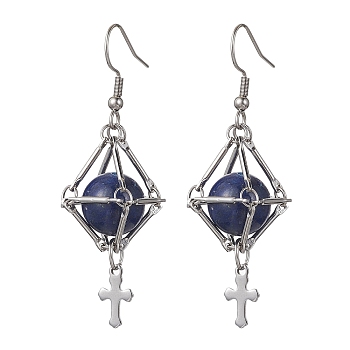 Natural Lapis Lazuli Dangle Earrings, Macrame Pouch Brass Long Drop Earrings, Cross, 56x16mm