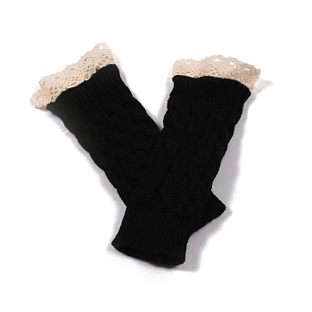 Acrylic Fiber Yarn Knitting Fingerless Gloves, Lace Edge Winter Warm Gloves with Thumb Hole for Women, Black, 190x75mm