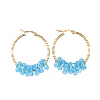 304 Stainless Steel Hoop Earrings, with Faceted Glass Beads, Golden, Deep Sky Blue, 12 Gauge, 42x33x2mm, Pin: 0.8x1.2mm