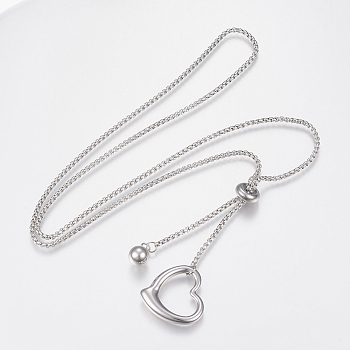 Adjustable 304 Stainless Steel Lariat Necklaces, Slider Necklaces, Heart and Beads, Stainless Steel Color, 25.19 inch(64cm)