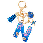 Star Resin & Shell Keychains, with Glitter Powder & Alloy Lobster Claw Clasps & Enamel & ABS Imitation Pearl & Faux Suede Tassel, Golden, Letter N, 50x35mm(KEYC-TAC00087-01N)
