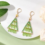 Handmade Glass Seed Beads Leverback Earrings, Triangle with Leaf, with Brass Beads and Acrylic Charms, Golden, 69.5x30mm(EJEW-MZ00571)