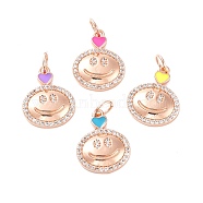 Brass Micro Pave Clear Cubic Zirconia Pendants, with Enamel, Cadmium Free & Lead Free, Flat Round with Smiling Face, Rose Gold, 19x15x3mm(KK-A157-02RG)