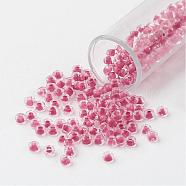 11/0 Grade A Round Glass Seed Beads, Transparent Inside Colours, Pale Violet Red, 2.3x1.5mm, Hole: 1mm, about 48500pcs/pound(SEED-N001-D-210)