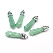 Bullet Platinum Plated Alloy Natural Green Aventurine Pointed Pendants, Cadmium Free & Lead Free, 33~40x8~9mm, Hole: 3x4mm(X-G-F228-06G-RS)