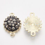 Alloy Links connectors, with Polymer Clay Rhinestone, Flat Round, Light Gold, Black Diamond, 19x14.5x5mm, Hole: 1.5mm(RB-S057-05A)