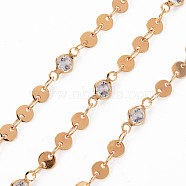 Handmade Brass Flat Sequin Chain, with Clear Cubic Zirconia, Soldered, Spool, Flat Round, Real 18K Gold Plated, 3.7x2.5x0.3mm and 10x4.5x2.5mm, about 16.4 Feet(5m)/roll(CHC-S012-054)