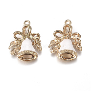Golden Plated Alloy Pendants, with Enamel, Bell, for Christmas, White, 21x16x3.5mm, Hole: 1.2mm(X-PALLOY-L228-007G)