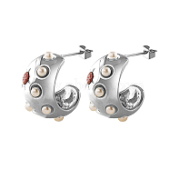 304 Stainless Steel Micro Pave Cubic Zirconia Stud Earrings, Half Hoop Earrings with Imitation Pearl Beads, Stainless Steel Color, 23x15mm(EY6491-2)