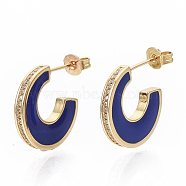 Brass Micro Pave Cubic Zirconia Crescent Moon Stud Earrings, Half Hoop Earrings, with Enamel and Ear Nuts, Letter C, Real 18K Gold Plated, Blue, 21x17x3mm, Pin: 1mm(EJEW-N011-01B)