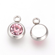 201 Stainless Steel Rhinestone Charms, Flat Round, Light Rose, 8.5x6x3mm, Hole: 1.5mm(X-STAS-S068-06)