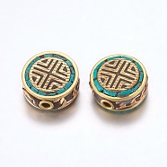Handmade Indonesia Beads, with Brass Findings, Nickel Free, Flat Round, Raw(Unplated), Green, 15~16x7~8mm, Hole: 2mm(IPDL-F022-91A)