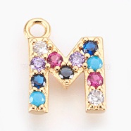 Brass Micro Pave Cubic Zirconia Charms, Letter, Golden, Letter.M, 13~14x7~10x2~2.5mm, Hole: 1.5~1.8mm(ZIRC-F089-01G-M)
