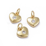 Brass Micro Pave Cubic Zirconia Pendants, with Jump Rings, Long-Lasting Plated, Heart, Clear, Golden, 10x9x2.5mm, Hole: 3.2mm(ZIRC-G163-14G)