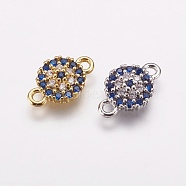 Brass Micro Pave Cubic Zirconia Links, Flat Round, Blue, Mixed Color, 13x8.5x2.5mm, Hole: 1.5mm(ZIRC-E143-47)