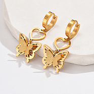 304 Stainless Steel Dangle Hoop Earrings, Heart with Butterfly, Real 18K Gold Plated, 40x20mm(SZ8514-2)
