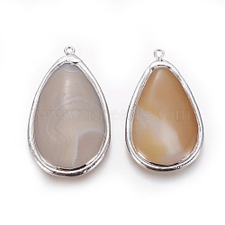 Natural Agate Pendants, with Brass Findings, teardrop, Platinum, 47~53x26~32x6mm, Hole: 1.8mm(KK-F802-19P)