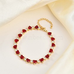 Brass Micro Pave Red Cubic Zirconia Link Chain Bracelets for Women, Heart, Golden, 7.26 inch(18.45cm)(BJEW-M047-02B)