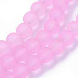 Transparent Glass Bead Strands, Frosted, Round, Pearl Pink, 10mm, Hole: 1.3~1.6mm, about 80pcs/strand, 31.4 inch(GLAA-S031-10mm-20)