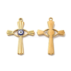 201 Stainless Steel Pendants, Cross with Enamel Evil Eye, Real 18K Gold Plated, 30x21.5x2.5mm, Hole: 1.5mm(STAS-J401-VF658-1)
