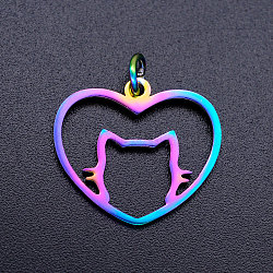 Ion Plating(IP) 201 Stainless Steel Filigree Kitten Pendants, with Jump Rings, Heart with Cat Shape, Rainbow Color, 17x20x1mm, Jump Ring: 5x0.8mm, Inner Diameter: 3mm(STAS-S105-JN162)