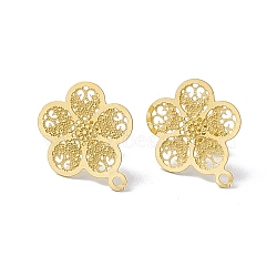 304 Stainless Steel Stud Earrings Finding, Hollow Plum Blossom, with Horizontal Loop, Golden, 18x15.5mm, Hole: 1.2mm, Pin: 0.85mm(STAS-C061-02G)