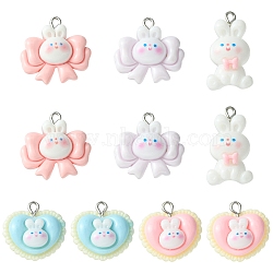 10Pcs 5 Styles Opaque Resin Pendants, Rabbit Charms, with Platinum Tone Iron Loops, Mixed Shapes, 22.5~30.5x16.5~22.5x6.5~7mm, Hole: 2mm, 2pcs/style(RESI-FS0001-53)
