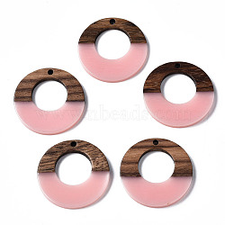 Opaque Resin & Walnut Wood Pendants, Ring, Pink, 28x3mm, Hole: 2mm(RESI-S389-036A-C05)