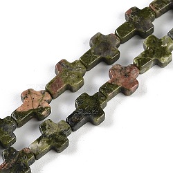 Natural Unakite Beads Strands, Cross, 13.5x9.5x4.5mm, Hole: 0.7mm, about 28pcs/strand, 15.55''(39.5cm)(G-I369-A08-01)