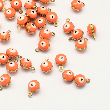 Golden Tone Brass Enamel Charms, Flower with Eye, Coral, 9x7x5mm, Hole: 1mm