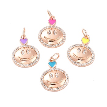 Brass Micro Pave Clear Cubic Zirconia Pendants, with Enamel, Cadmium Free & Lead Free, Flat Round with Smiling Face, Rose Gold, 19x15x3mm