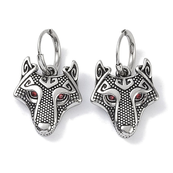 316 Surgical Stainless Steel Micro Pave Cubic Zirconia Hoop Earrings, Wolf, Antique Silver, 23x20mm
