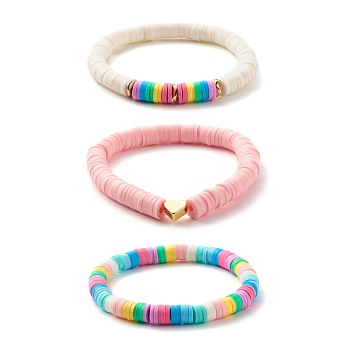 Handmade Polymer Clay Heishi Beads Stretch Kids Bracelets Set, Heart Brass Beads Bracelets, Mixed Color, Inner Diameter: 2 inch(5.2cm), 3pcs/set
