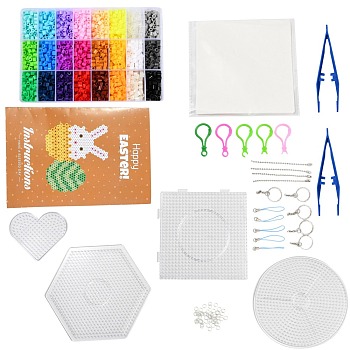 24 Colors DIY Fuse Beads Kit, with Mixed Shape ABC Plastic Pegboards, Ironing Paper and Plastic Tweezers, Iron Keychain Clasp Findings & Chains & Mobile Phone Strap, Plastic Keychain Clasp, Mixed Color, 5x5mm, Hole: 3mm, 3048pcs