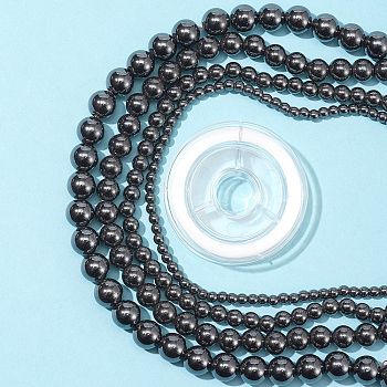 4 Strands 4 Style Non-Magnetic Synthetic Hematite Beads Strands, with 1Roll Crystal Elastic Thread, Round, 4~10mm, Hole: 1~1.5mm, 1strand/style