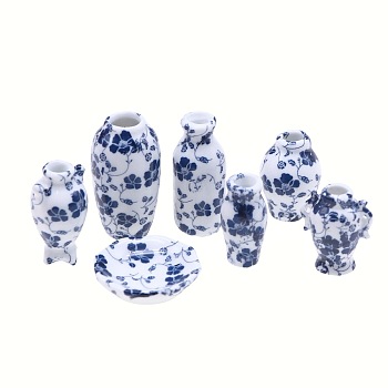 7Pcs Porcelain Vase Mini Model, Micro Landscape Dollhouse Accessories, Pretending Prop Decorations, Blue, 25~35mm