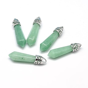 Bullet Platinum Plated Alloy Natural Green Aventurine Pointed Pendants, Cadmium Free & Lead Free, 33~40x8~9mm, Hole: 3x4mm