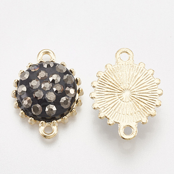 Alloy Links connectors, with Polymer Clay Rhinestone, Flat Round, Light Gold, Black Diamond, 19x14.5x5mm, Hole: 1.5mm