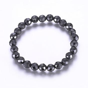 Magnetic Synthetic Hematite Stretch Bracelets, Round, Faceted, Hematite Plated, 2 inch(52mm)