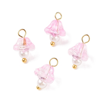 Electroplate Glass Charms, with Golden Plated Brass Findings and Glass Pearl Round Beads, Trumpet Flower, Pearl Pink, 14x9x9mm, Hole: 2.5mm