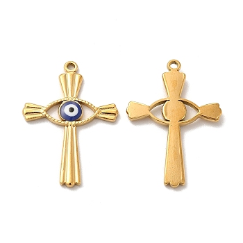 201 Stainless Steel Pendants, Cross with Enamel Evil Eye, Real 18K Gold Plated, 30x21.5x2.5mm, Hole: 1.5mm