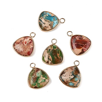 Natural Imperial Jasper Pendants, Dyed, Brass Triangle Charms, Light Gold, Mixed Color, 20x15.5~16x5mm, Hole: 3mm