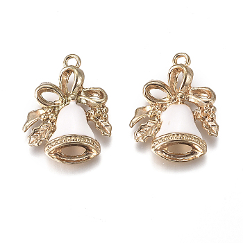 Golden Plated Alloy Pendants, with Enamel, Bell, for Christmas, White, 21x16x3.5mm, Hole: 1.2mm