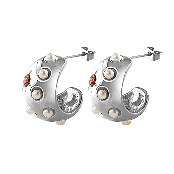 304 Stainless Steel Micro Pave Cubic Zirconia Stud Earrings, Half Hoop Earrings with Imitation Pearl Beads, Stainless Steel Color, 23x15mm
