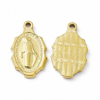 Vacuum Plating 201 Stainless Steel Pendants, Religion, Oval Charms with Virgin Mary Pattern, Real 18K Gold Plated, 24.5x14x2mm, Hole: 1.9mm