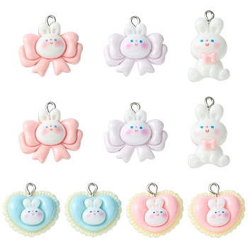 10Pcs 5 Styles Opaque Resin Pendants, Rabbit Charms, with Platinum Tone Iron Loops, Mixed Shapes, 22.5~30.5x16.5~22.5x6.5~7mm, Hole: 2mm, 2pcs/style