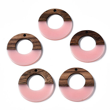 Opaque Resin & Walnut Wood Pendants, Ring, Pink, 28x3mm, Hole: 2mm