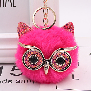 Pom Pom Ball Keychain, with KC Gold Tone Plated Alloy Lobster Claw Clasps, Iron Key Ring and Chain, Owl, Deep Pink, 12cm